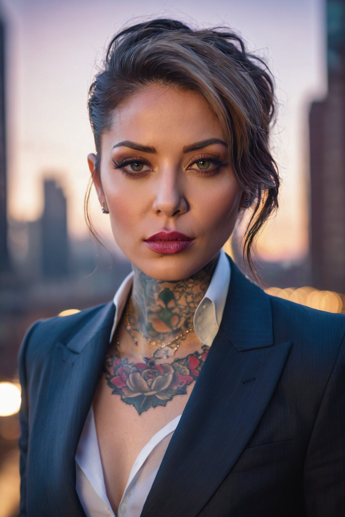 (best quality, highres, masterpiece:1.2), ultra-detailed, realistic:1.37, cinematic, portrait, tattoo on her neck, detailed eyes and lips, man with neck tattoo, wearing a dark suit, strong expression, serious, city backdrop, striking lighting, gritty atmosphere, dramatic shadows, vivid colors, bokeh,<lora:EMS-89672-EMS:0.800000>