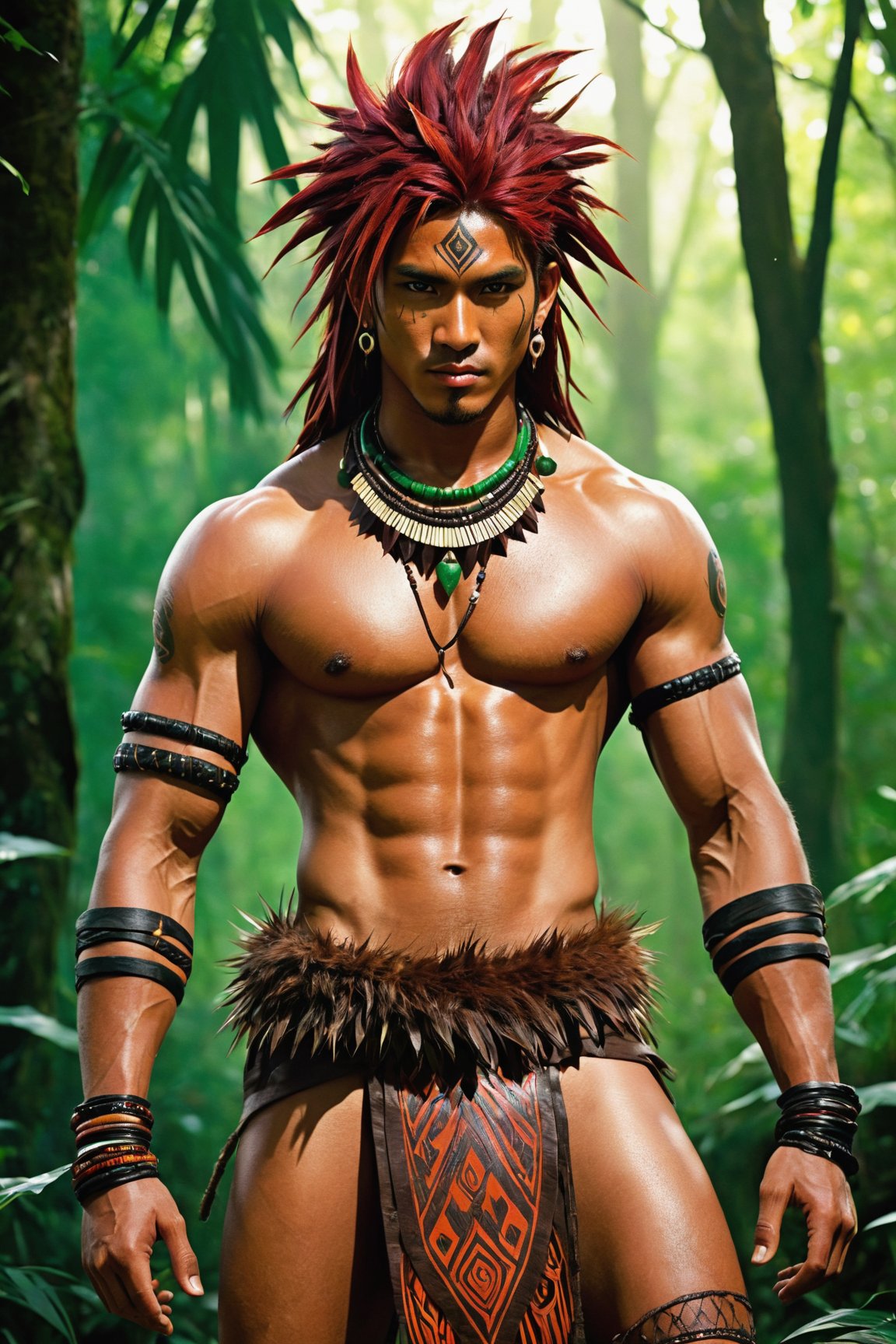 Illustrate a captivating scene in an (Anime style) featuring a (savage male) exuding a wild charm with his (spiky crimson hair). He is adorned in a primitive ensemble,  donning a (loin cloth) and a shirt crafted from (deep brown animal fur). The scene pulsates with untamed energy,  emphasized by (feral expressions) and (tribal markings) adorning his skin in vibrant hues. Pay meticulous attention to the rich and immersive (forest-green environment),  enhancing the cinematic feel. Provide a dynamic backdrop that complements the character's wild and savage demeanor,  using (earthy browns) and (deep greens). This illustration aspires to capture the essence of a primal and fierce male,  infused with vibrant colors and a vivid,  cinematic (portrait).,<lora:EMS-89672-EMS:0.800000>