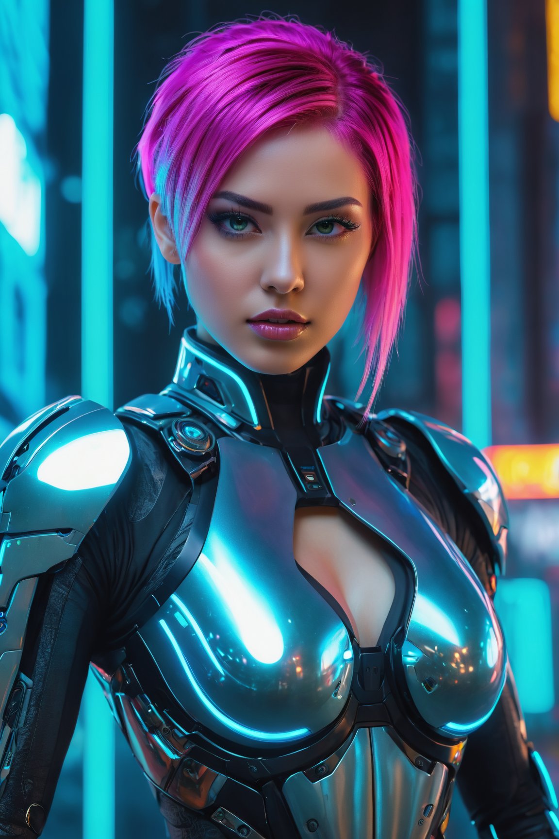 (best quality, 4k, 8k, highres, masterpiece:1.2), ultra-detailed, (realistic, photorealistic, photo-realistic:1.37), cyborg, 1girl, neon hair, niji style, futuristic, electric atmosphere, vibrant colors, glowing lights, metallic reflections, digital enhancements, energetic pose, eye-catching, artificial intelligence, tech-inspired, fluid motion, dynamic composition, sci-fi elements, urban setting, gritty background, dystopian vibes, edgy fashion, cyberpunk aesthetics, holographic effects, retro-futurism, synthetic beauty, neon signs, rich textures, immersive experience, advanced technology, cybernetic enhancements, otherworldly, expressive eyes, mechanical details, modern art, unique perspective, experimental, cosmic energy, nanoscale implants, ethereal presence, augmented reality, creative expression, limitless possibilities,<lora:EMS-89672-EMS:0.800000>