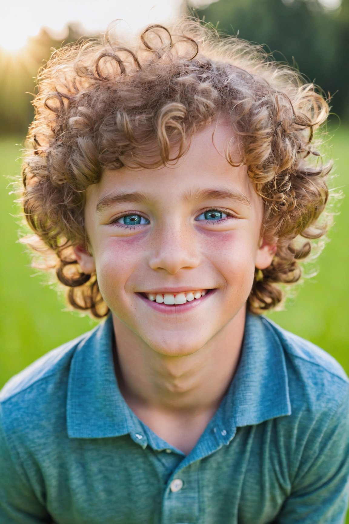 (best quality, highres, masterpiece:1.2), beautiful detailed face,  cute smile, outdoor, boy, blue eyes, soft curly hair, lively expression, playful pose, vibrant colors, warm sunlight, green grass, trees in the background,<lora:EMS-89672-EMS:0.800000>