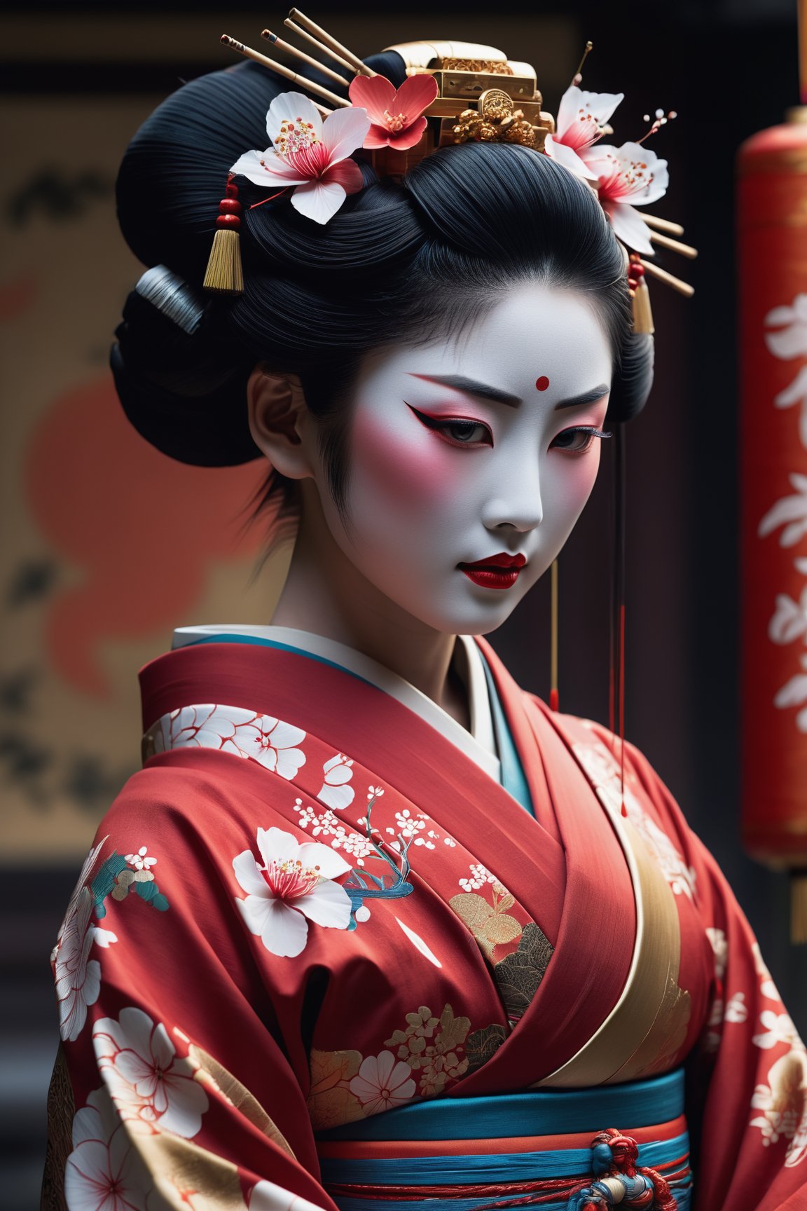 (best quality,  8K,  ultra-detailed,  masterpiece),  (cinematic montage,  traditional animation),  Create a captivating 8K masterpiece that seamlessly blends the grace of a geisha with the aesthetics of futuristic robots. The geisha should wear intricate body-painting,  featuring delicate flowers on her face,  representing a unique fusion of tradition and innovation. Emulate the style of an appropriation artist,  using cinematic montages and traditional animation techniques to convey a dynamic anime-inspired scene. Incorporate elements from schlieren photography to infuse an otherworldly,  ethereal quality into the composition. This artwork should serve as a true masterpiece,  offering a mesmerizing journey through the realms of art,  culture,  and technology.,<lora:EMS-89672-EMS:0.800000>