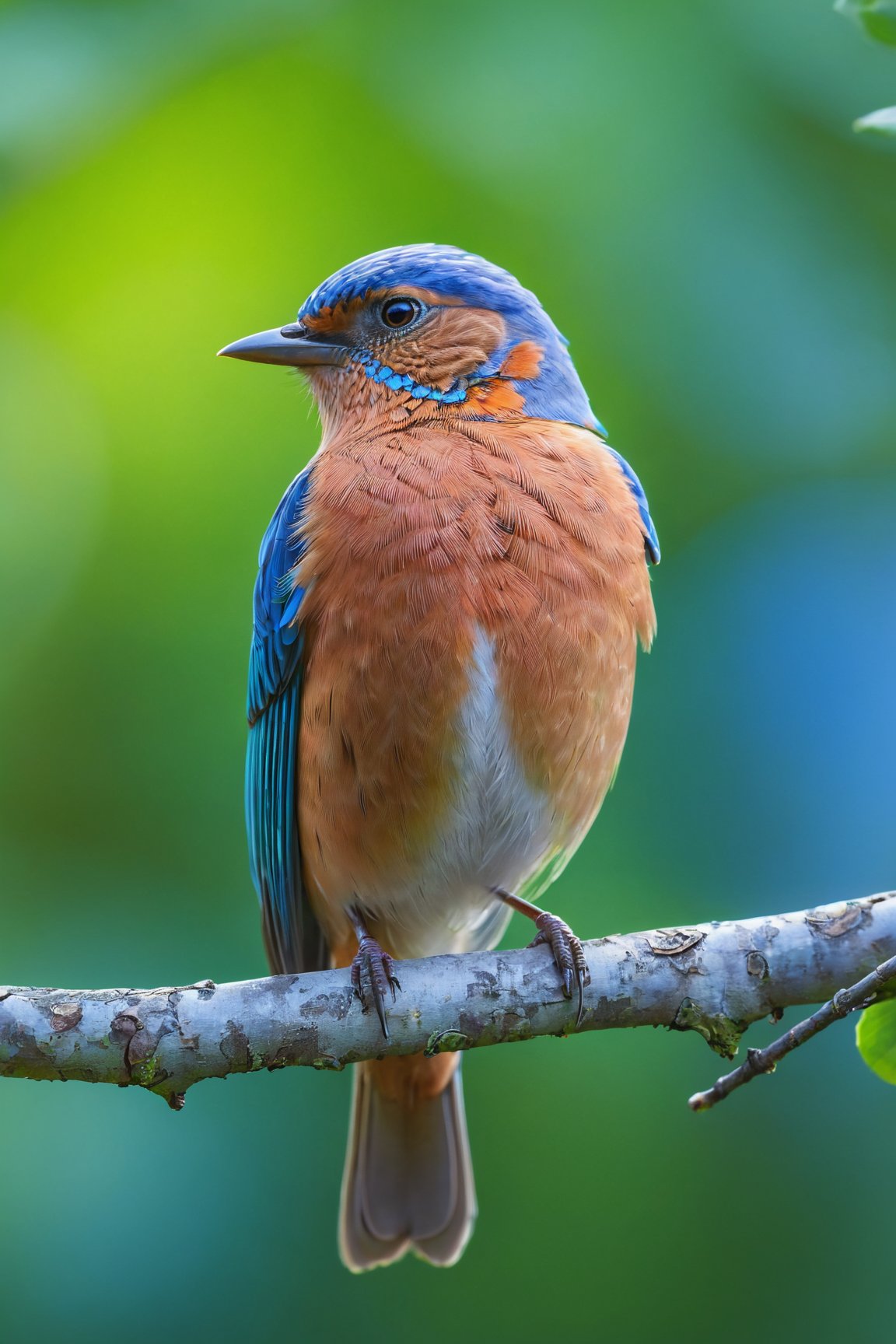 (blue bird), (sitting on a tree branch), (close up), (photorealistic), (detailed feathers), (vivid colors), (soft sunlight), (nature backdrop), (bokeh), (ultra-detailed eyes), (sharp focus), (realistic textures:1.1), (fine details), (crisp outlines), (high definition), (lush green leaves), (intense blue sky), (slightly blurred background),<lora:EMS-89672-EMS:0.800000>