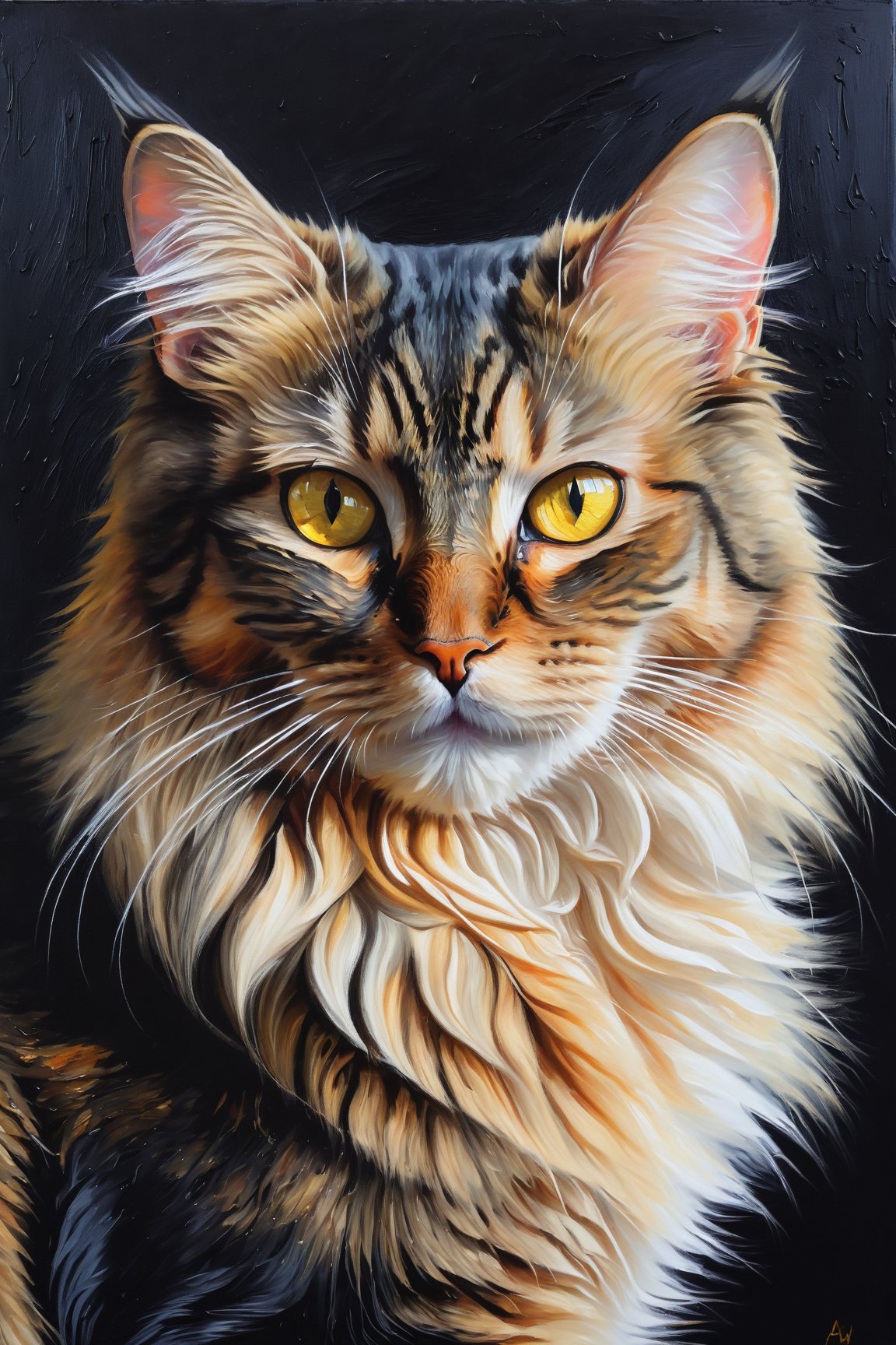 (a cat with yellow eyes, sitting on a black surface),  oil painting,  realistic rendering,  vivid colors,  highres,  studio lighting,  intense gaze,  delicate fur texture,  elegant positioning,  dramatic contrasts,  expressive brushstrokes,  mystical ambiance,  subtle hints of gold,  captivating composition,  depth of field.,<lora:EMS-89672-EMS:0.800000>