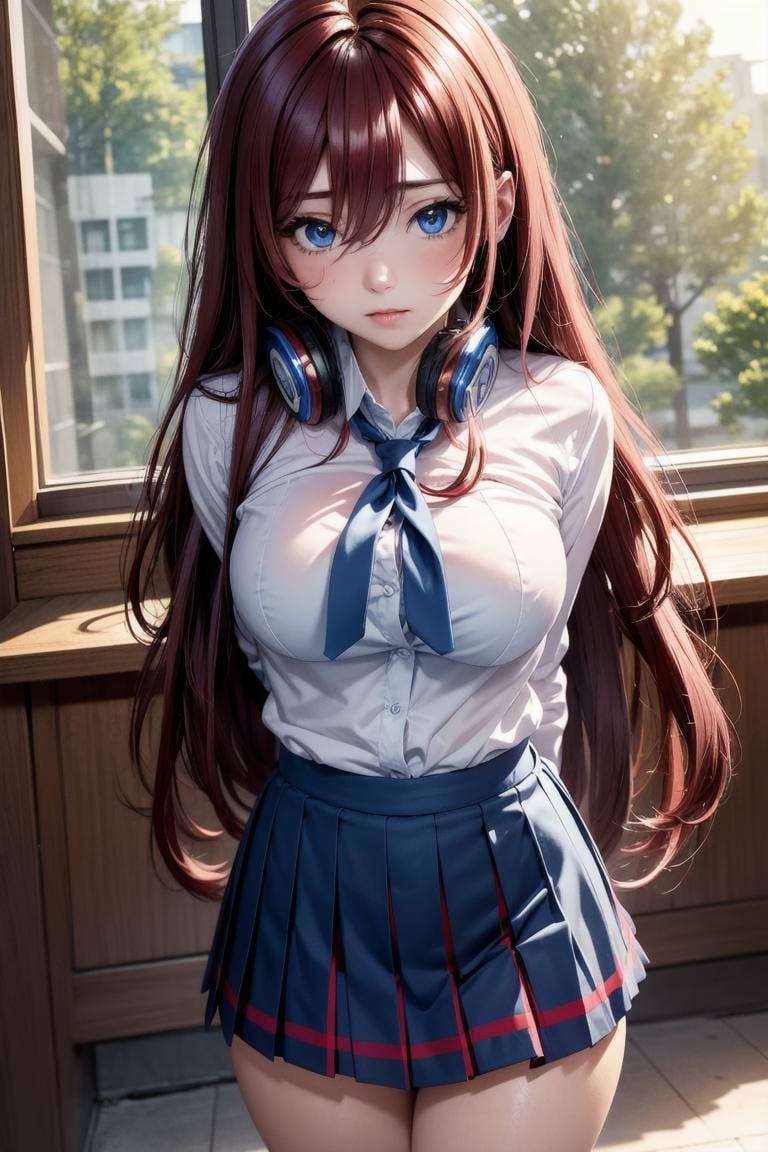 (masterpiece, best quality, hires, high resolution:1.2, 4k, 8k , high quality), extremely detailed, realistic, intricate details, highres, 1girl, solo, (large breasts, thick thighs, wide hips), arched back,(cinematic lighting, sunlight, perfect lighting, backlighting), eye-level shot, extreme close-up-shot, looking at viewer,  <lora:Nakano_Miku_Ecsta:0.5> nakano_miku_ecsta, blue eyes, hair between eyes, dark red hair, nakano miku, headphones around neck, school uniform, skirt