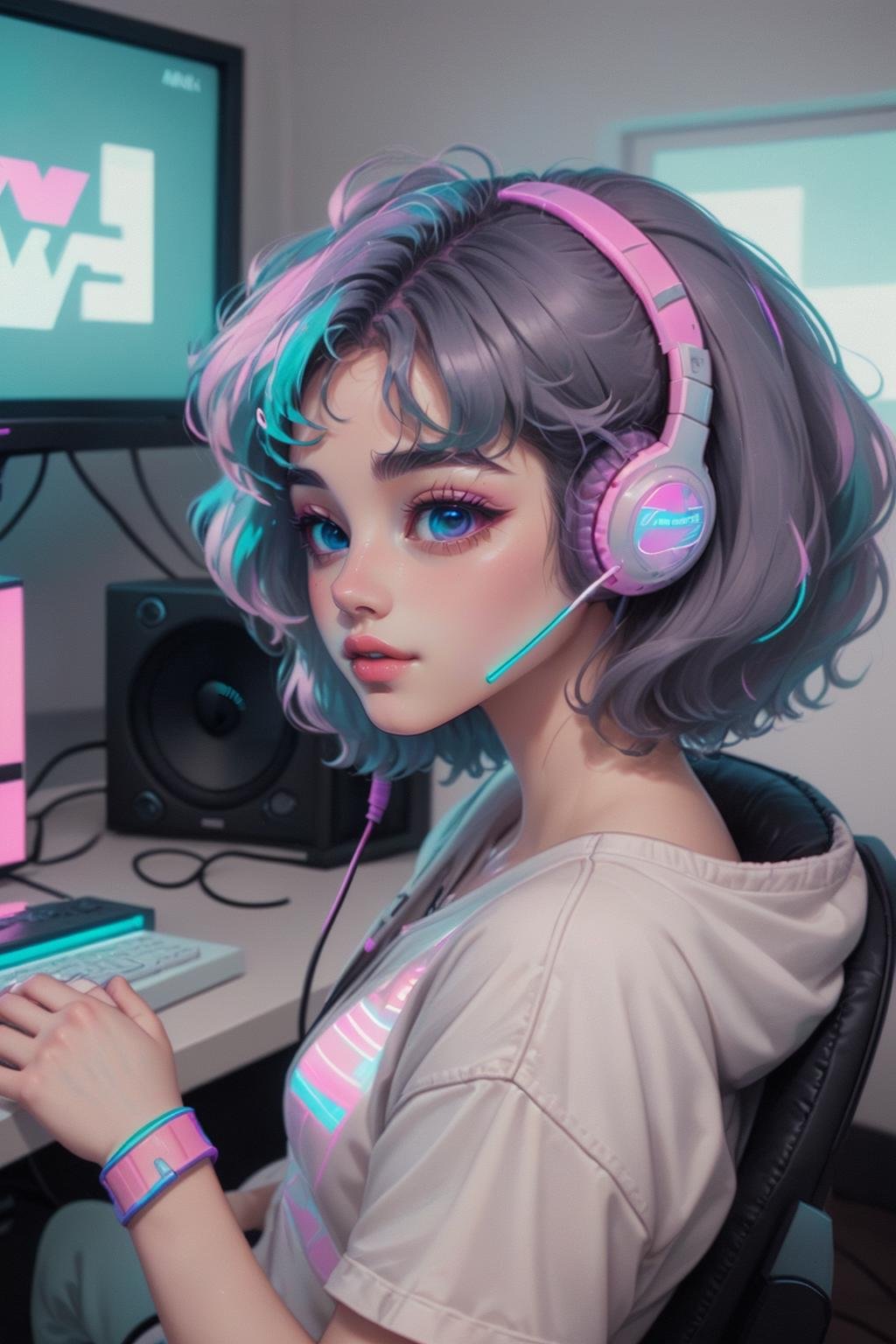 cutecore vaporwave style,  a woman listening to music in her room, headset, gaming chair <lora:Cutecore_Vaporwave:1.0>