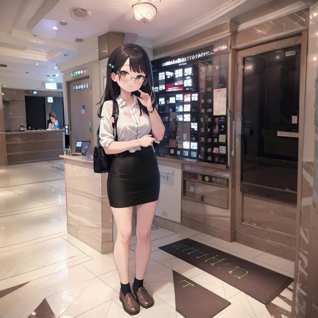 best quality, ultra-detailed, illustration,heyapanel, lovehotel, scenery, japan, tiles, tile floor, 1girl, solo, glasses, brown eyes, black hair, long hair, blush, looking at viewer, standing,coworking style, smart-casual attire, blouses, pencil skirt, loafers, relaxed blazers, midi dresses, bag<lora:LoveHotel_RoomPanel_SD15_V4:1>