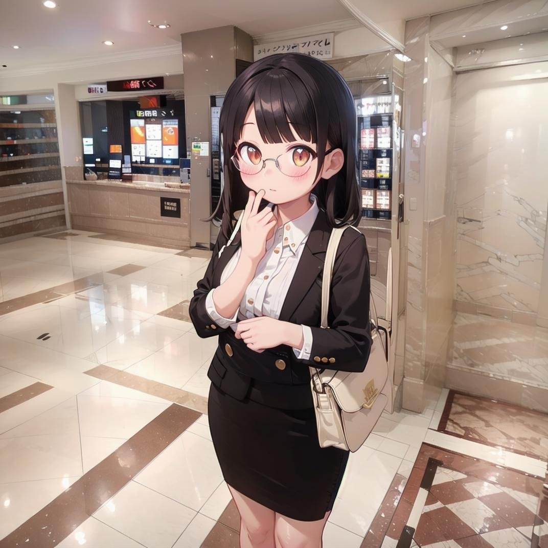 best quality, ultra-detailed, illustration,heyapanel, lovehotel, scenery, japan, tiles, tile floor, 1girl, solo, glasses, brown eyes, black hair, long hair, blush, looking at viewer, standing,coworking style, smart-casual attire, blouses, pencil skirt, loafers, relaxed blazers, midi dresses, bag<lora:LoveHotel_RoomPanel_SD15_V4:1>