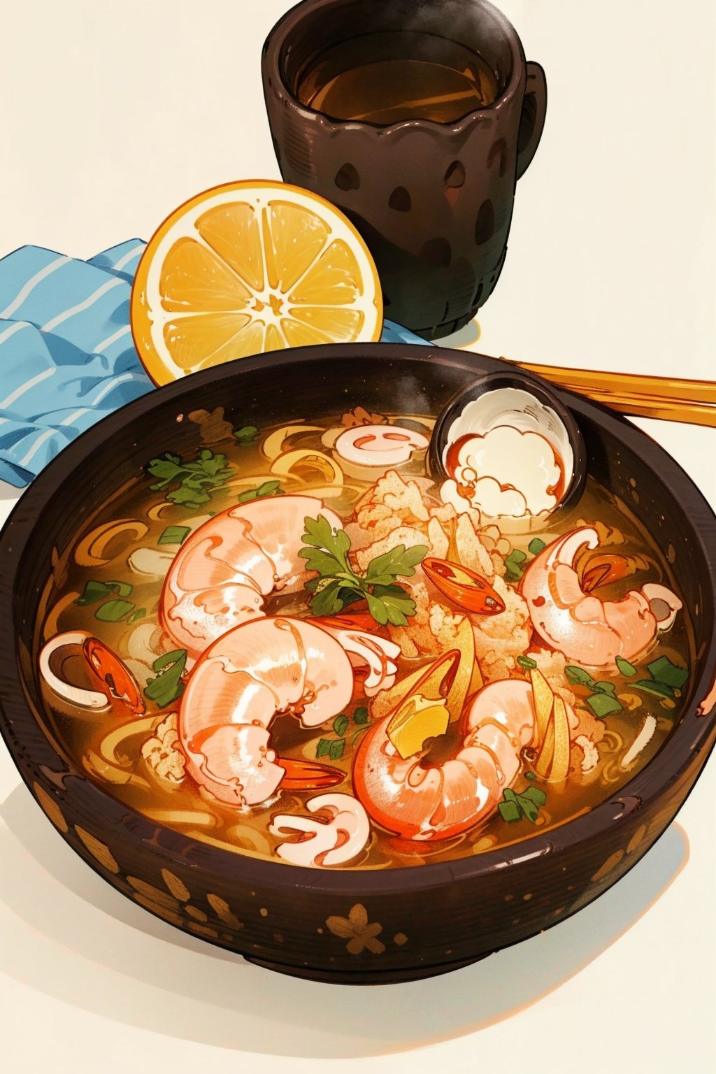 Masterpiece, best quality, high definition, high detail, Saba, Tom Yum Seafood Noodles, shrimp, traditional background, Thailand, realism, <lora:美食:1>, 