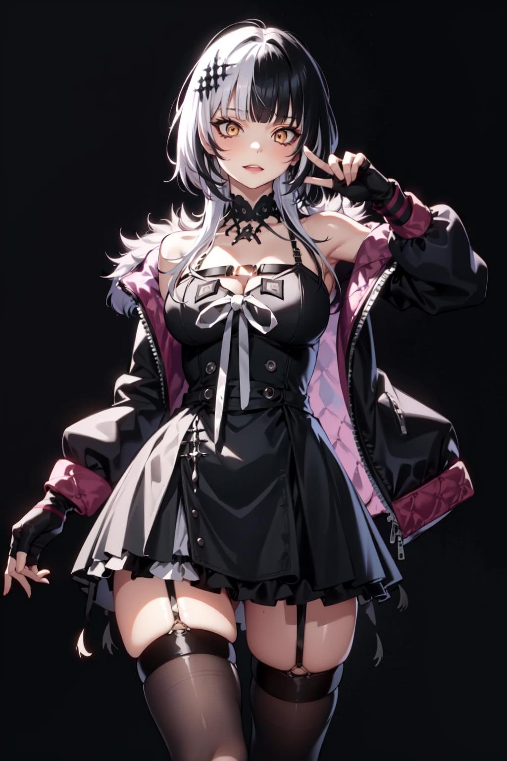 girl with long hair, dress, thighhighs, open jacket, fingerless gloves <lora:KitsuneAi-ShioriNovella-LoCon32-V1-000011:1> BREAK ((simple background, black background)) 