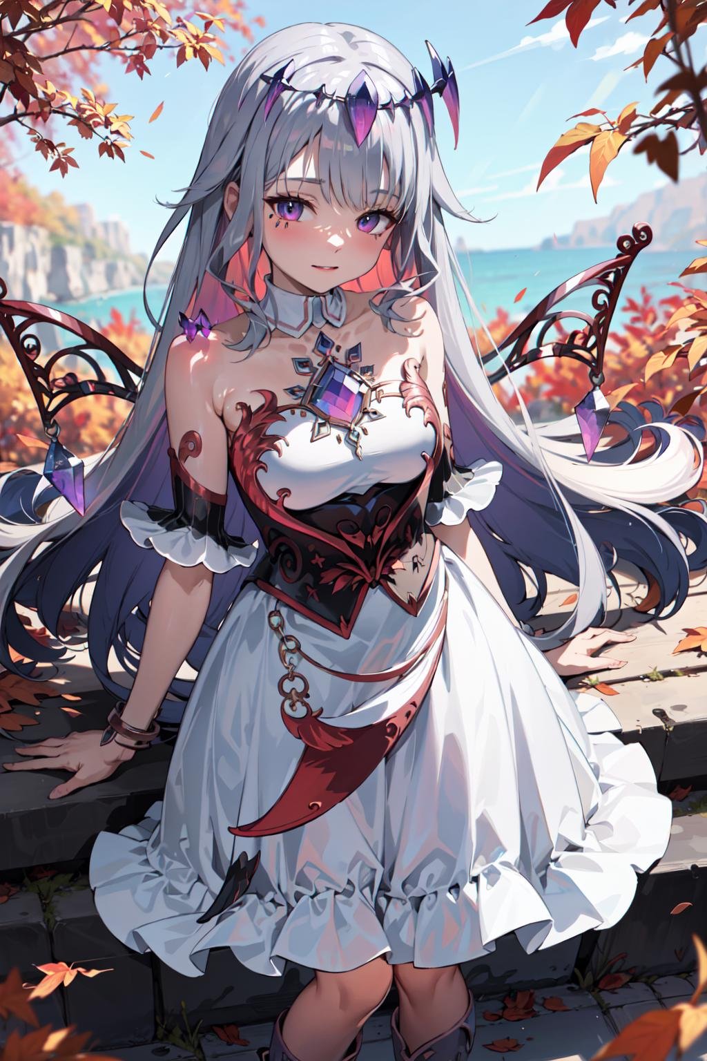 a girl, cowboy shot, medium breasts, outdoors, fall leaves, autumn colors,  <lora:KitsuneAi-KosekiBijou-LoCon32-V0_5-000008:1>white dress, detached sleeves, bare shoulders, wings, strapless, crystal, collarbone, short sleeves, white sleeves, strapless dress, boots