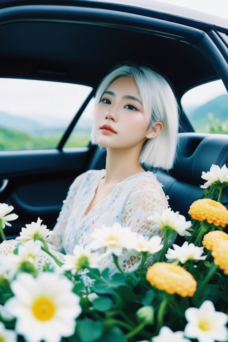 breathtaking ethereal fantasy concept art of cinematic film still,chinese girl,a girl with white hair sitting in car filled with flowers,art by Rinko Kawauchi,in the style of naturalistic poses,vacation dadcore,youth fulenergy,a cool expression,body extensions,flowersin the sky,****og film,super detail,dreamy lofi photography,colourful,covered in flowers andvines,Inside view,shot on fujifilm XT4 . shallow depth of field,vignette,highly detailed,high budget,bokeh,cinemascope,moody,epic,gorgeous,film grain,grainy . magnificent,celestial,ethereal,painterly,epic,majestic,magical,fantasy art,cover art,dreamy,monkren, . award-winning, professional, highly detailed