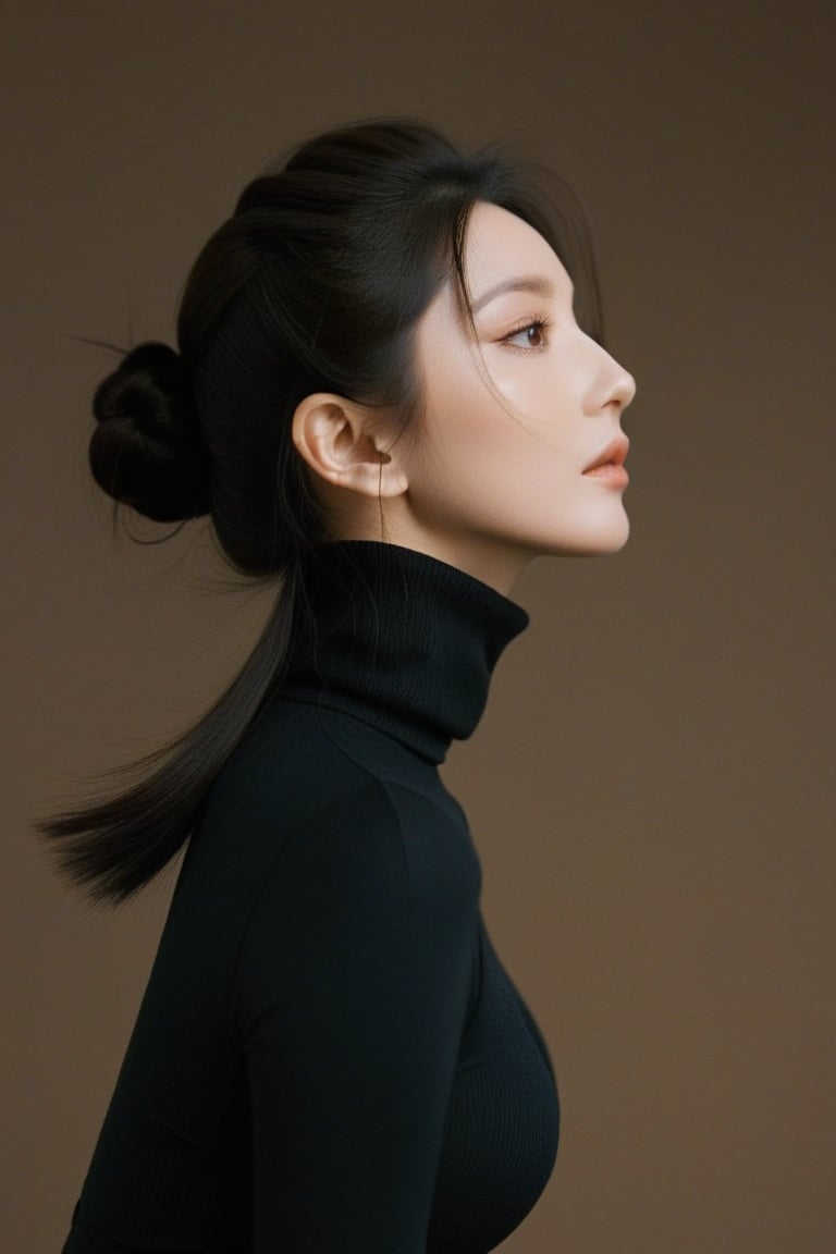 long curl hair,profile picture,goddess of dust,a woman in black turtle neck top,featured on cg society,inspired by henri fantin-latour,popular korean makeup,dark pastel colors,black hairs,wearing light,cinematic style photograph,shoulders can be seen,tight bun,wearing beanie, monkren