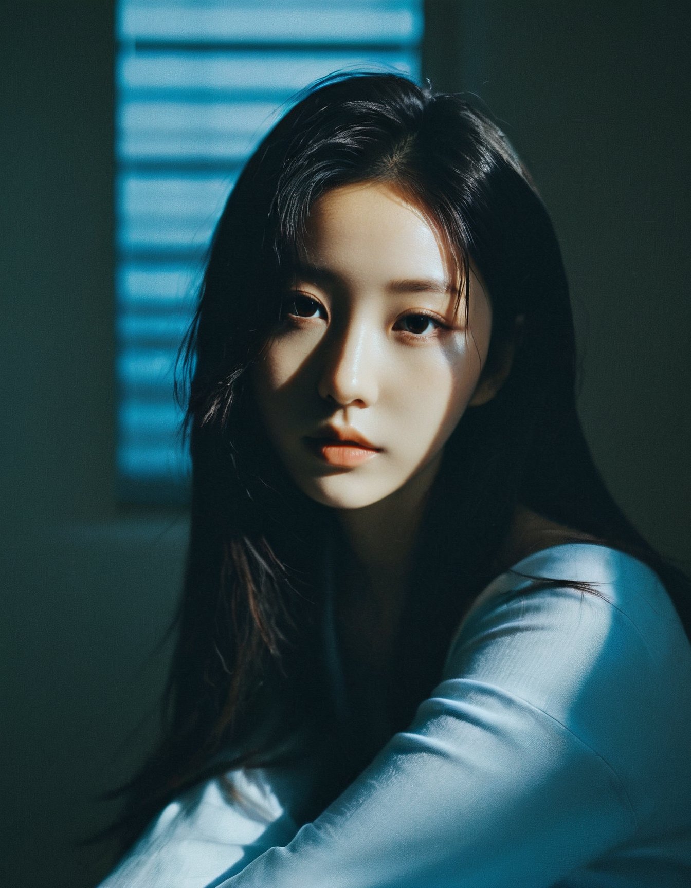 a young woman,looking at the camera,posing,ulzzang,naver fanpop,ffffound,streaming on twitch,character album cover,blues moment,style of Alessio Albi,daily wear,moody lighting,appropriate comparison of cold and warm,reality,
