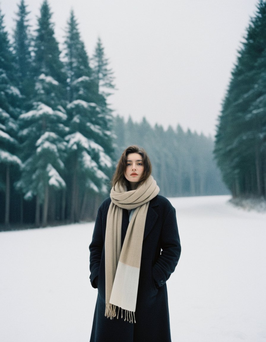 a woman standing in the snow with a scarf,album cover,forest in background,atmospheric and depressed,film,longcoat,best shot, reality,
