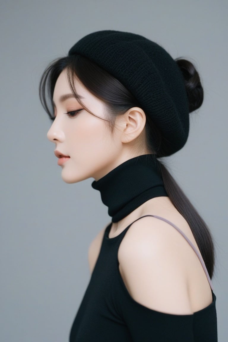  long curl hair,profile picture,goddess of dust,a woman in black turtle neck top,featured on cg society,inspired by henri fantin-latour,popular korean makeup,dark pastel colors,black hairs,wearing light,cinematic style photograph,shoulders can be seen,tight bun,wearing beanie,