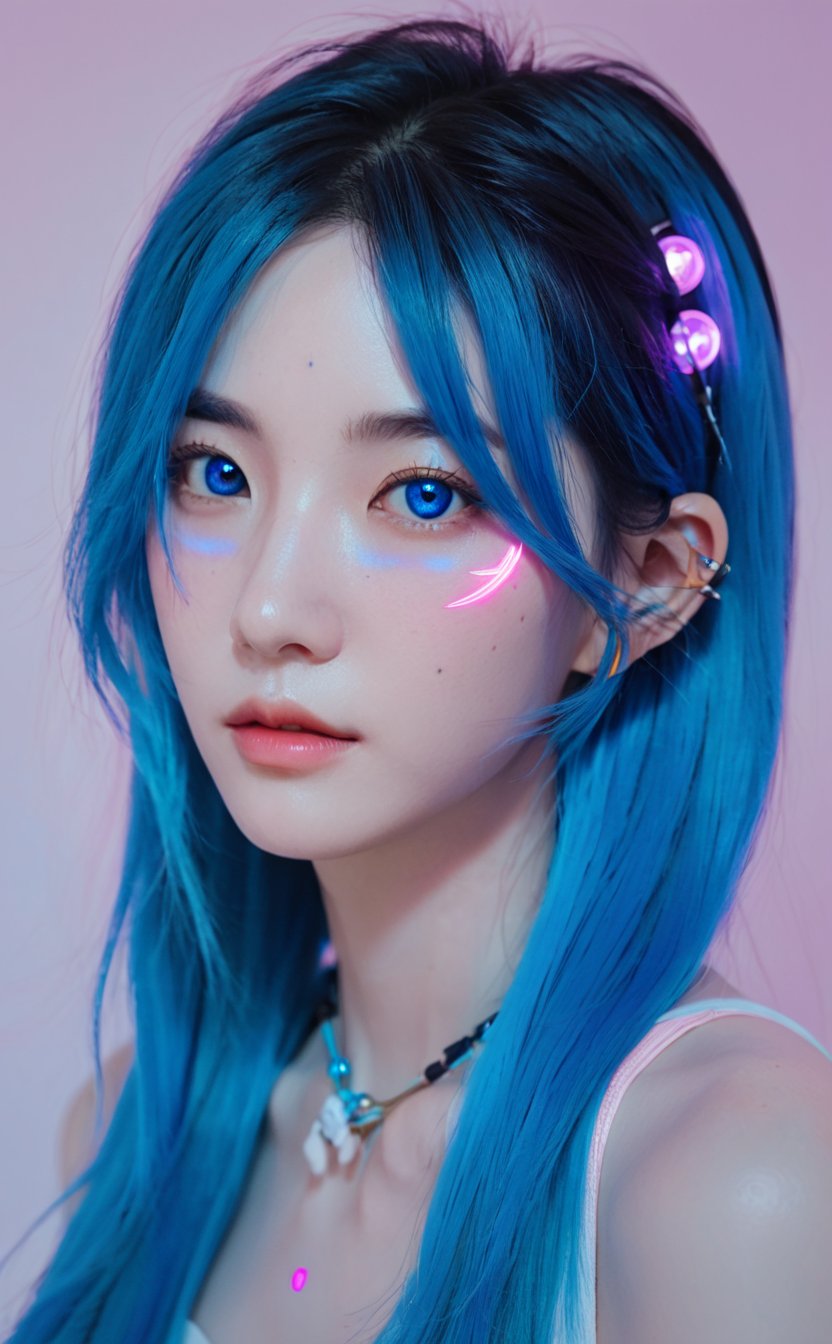 jinx,a light on a blue,faced k-pop girl,(masterpiece:1.2),hi-res,4k,extremely delicate and beautiful art,pastel color,jinx_/(league of legends/),pink eyes,blue hair,portrait,
