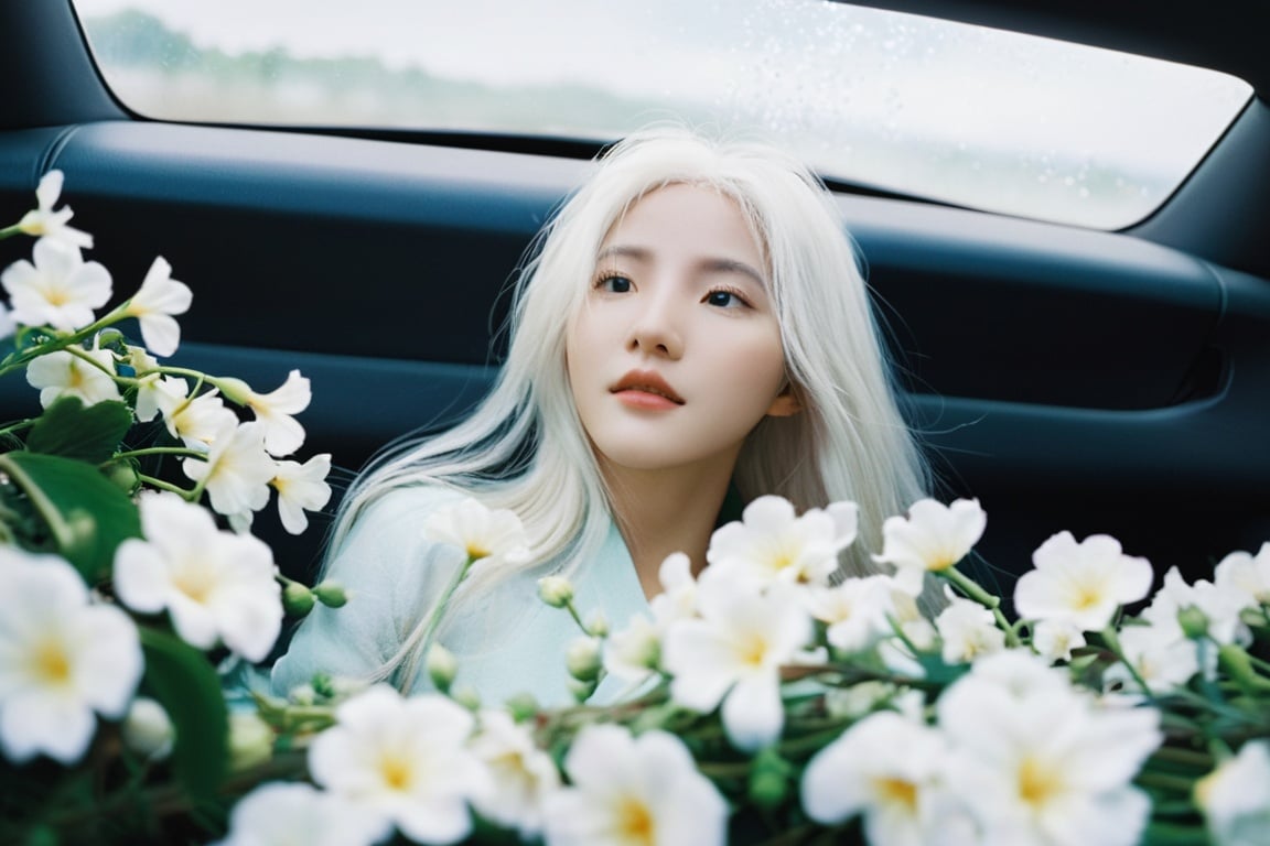  breathtaking ethereal fantasy concept art of cinematic film still,chinese girl,a girl with white hair sitting in car filled with flowers,art by Rinko Kawauchi,in the style of naturalistic poses,vacation dadcore,youth fulenergy,a cool expression,body extensions,flowersin the sky,****og film,super detail,dreamy lofi photography,colourful,covered in flowers andvines,Inside view,shot on fujifilm XT4 . shallow depth of field,vignette,highly detailed,high budget,bokeh,cinemascope,moody,epic,gorgeous,film grain,grainy . magnificent,celestial,ethereal,painterly,epic,majestic,magical,fantasy art,cover art,dreamy,monkren, . award-winning, professional, highly detailed, monkren