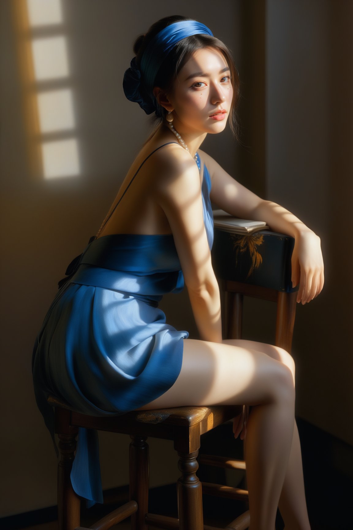  Painting of lady Johannes Vermeer, Girl with a Pearl Earring, naked, beautiful, sitting on a barstool chair, dynamic posture, (perfect anatomy), (narrow waist:1.1), (heavenly), (black haired goddess with neon blue eyes:1.2), by Daniel F. Gerhartz.Cowboy shot, full body, (masterpiece) (beautiful composition) (Fuji film), DLSR, highres, high resolution, intricately detailed, (hyperrealistic oil painting:0.77), 4k, highly detailed face, highly detailed skin, dynamic lighting, Rembrandt lighting., monkren, sunlight, realistic