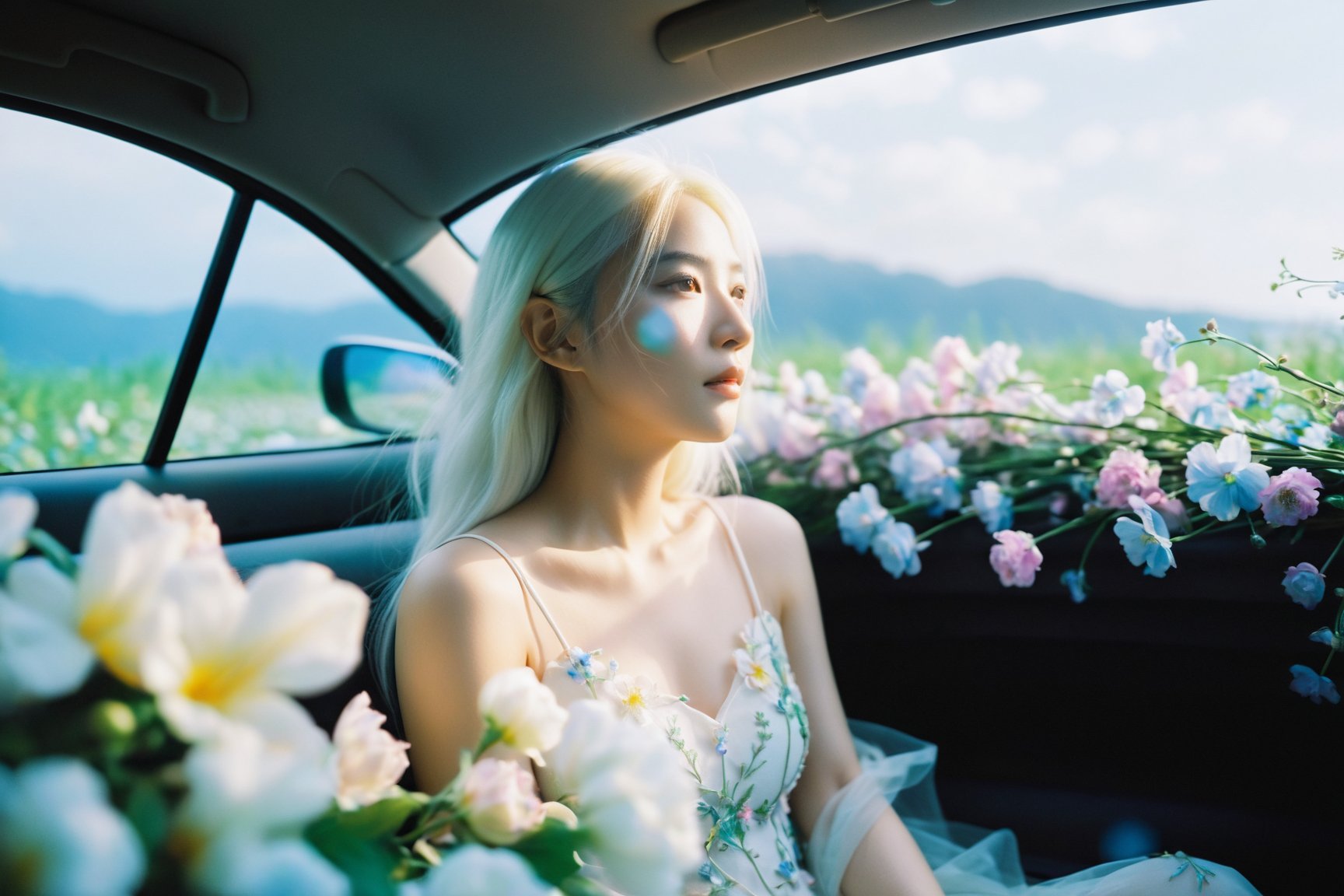  breathtaking ethereal fantasy concept art of cinematic film still,chinese girl,a girl with white hair sitting in car filled with flowers,art by Rinko Kawauchi,in the style of naturalistic poses,vacation dadcore,youth fulenergy,a cool expression,body extensions,flowersin the sky,****og film,super detail,dreamy lofi photography,colourful,covered in flowers andvines,Inside view,shot on fujifilm XT4 . shallow depth of field,vignette,highly detailed,high budget,bokeh,cinemascope,moody,epic,gorgeous,film grain,grainy . magnificent,celestial,ethereal,painterly,epic,majestic,magical,fantasy art,cover art,dreamy,monkren, . award-winning, professional, highly detailed, light master, monkren, sunlight