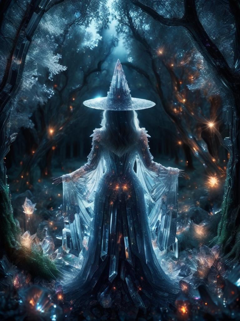 crystal witch front view in mystical forrest, god ray light from behind, dark night, shiny, crystalz <lora:crystalz:1>