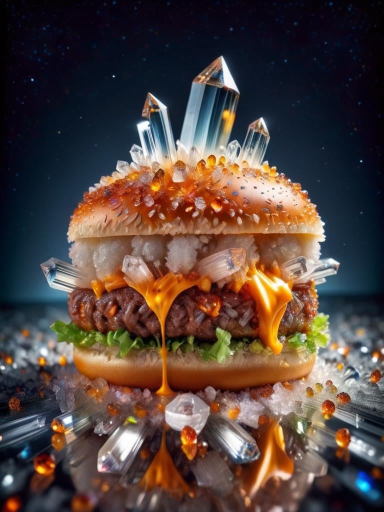 food photography photo of a crystal burger with cheese, maximum detail, foreground focus, crystalz <lora:crystalz-000004:1>