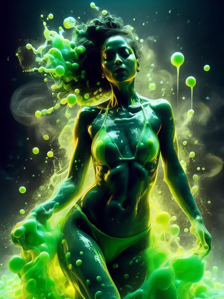a woman in a swimwear, body covered in a splashes of green acid, acid water, liquid acid, dynamic pose, 4K, HDR, cinematic lighting, award winning concept art, black background, smoke, bubbles, acidzlime <lora:acidzlime:1>