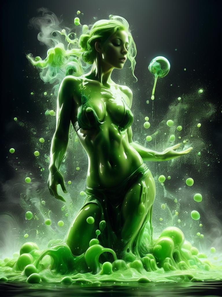 a woman in a swimwear, body covered in a splashes of green acid, acid water, liquid acid, dynamic pose, 4K, HDR, cinematic lighting, award winning concept art, black background, smoke, bubbles, acidzlime <lora:acidzlime:1>