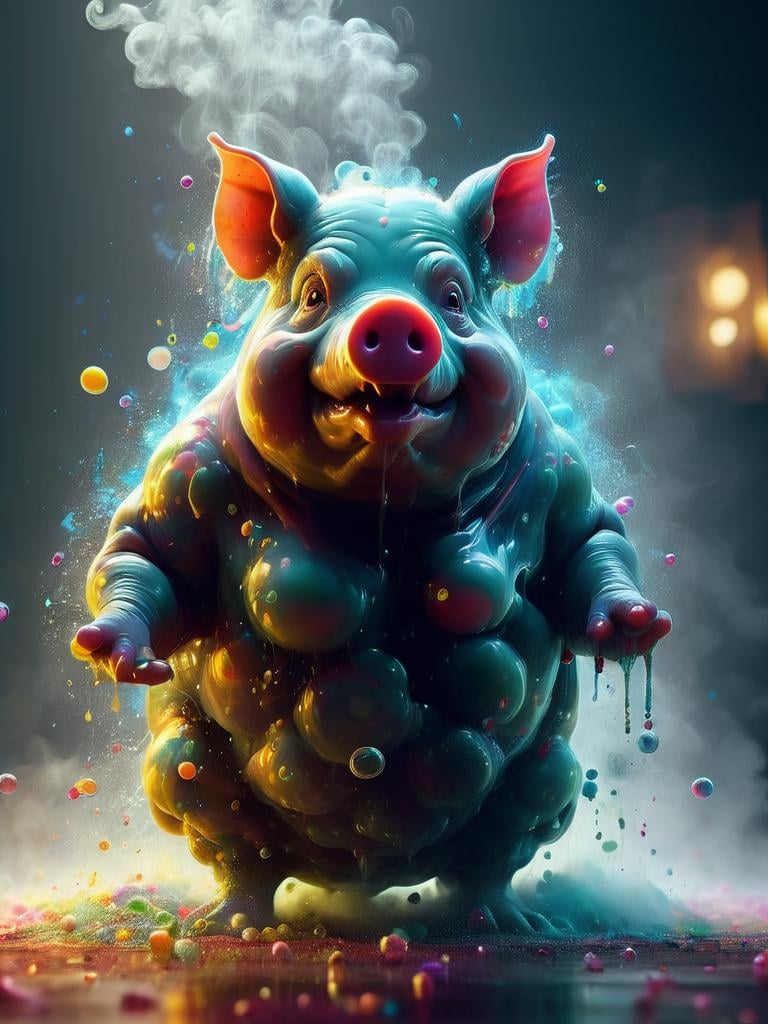realistic, ((masterpiece)), ((best quality)), (detailed), cinematic, dynamic lighting, soft shadow, detailed background, professional photography, depth of field, intricate subsurface scattering, realistic hair,cyberwizard pig,magic, smoke, bubbles, acidzlime <lora:acidzlime:1>