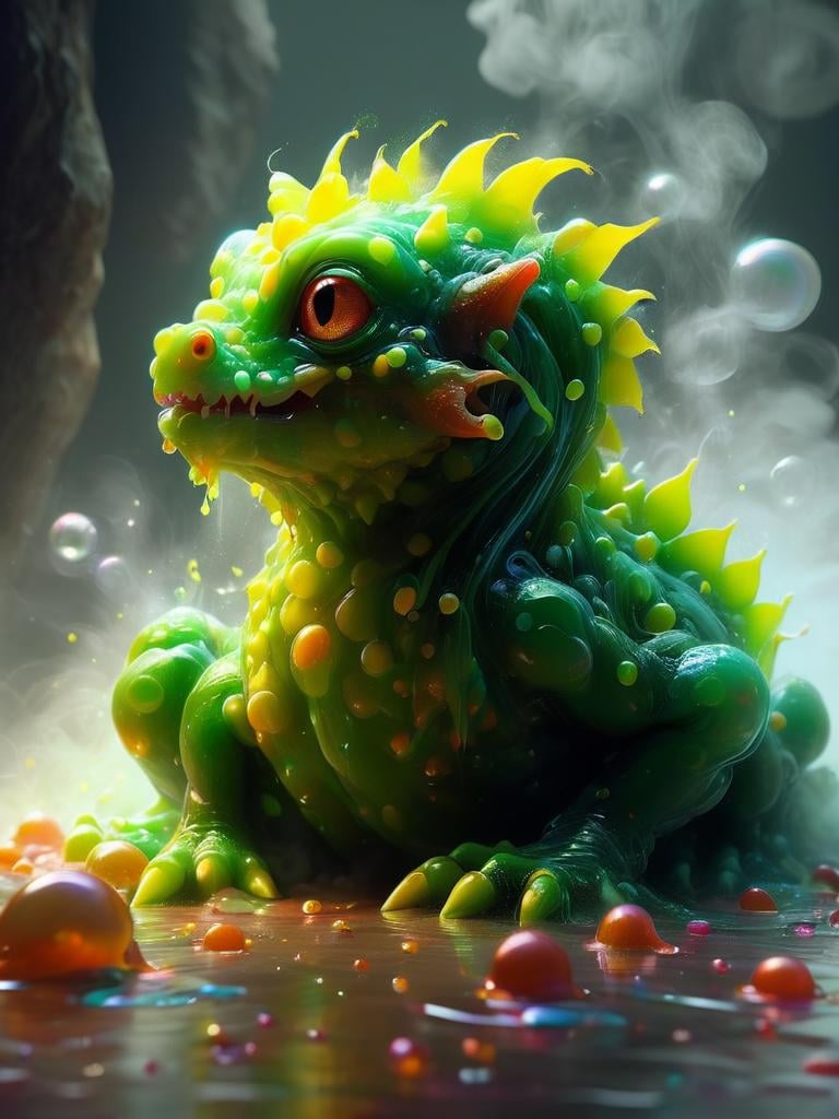realistic photo of a little dragon, big eyes, just hatched, green skin, looking out of his egg, in a cave, photorealistic, hyperrealism, 64k, cinamatic light, smoke, bubbles, acidzlime <lora:acidzlime:1>