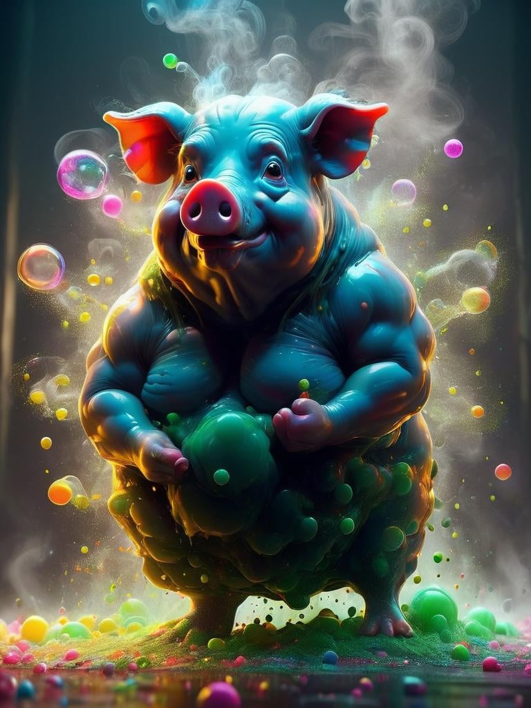 realistic, ((masterpiece)), ((best quality)), (detailed), cinematic, dynamic lighting, soft shadow, detailed background, professional photography, depth of field, intricate subsurface scattering, realistic hair,cyberwizard pig,magic, smoke, bubbles, acidzlime <lora:acidzlime:1>