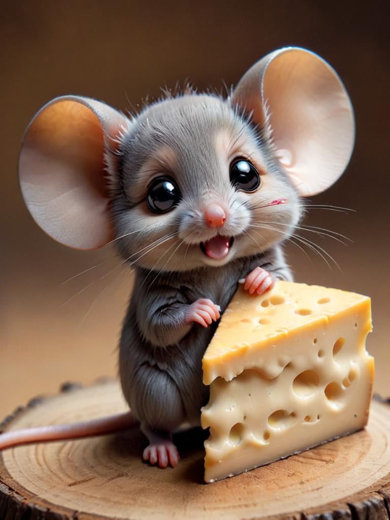 zhibi, chibi, mouse, small mouse, chibi mouse, cute, munching on a way too big cheese <lora:zhibi:1>