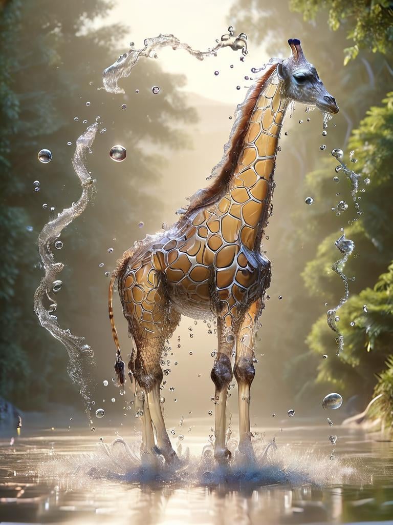 watce, a giraffe made out of water is standing in the water with bubbles <lora:watce-sdxl:1>