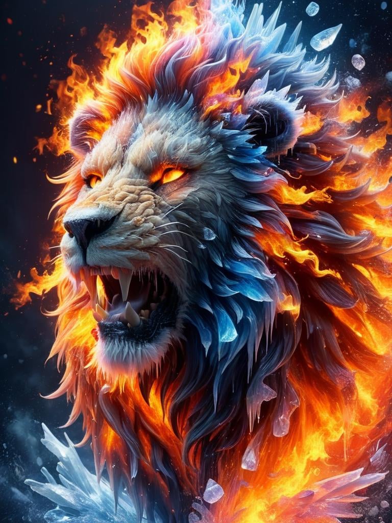 faize, lion, fire and ice <lora:faize-sdxl:0.8>