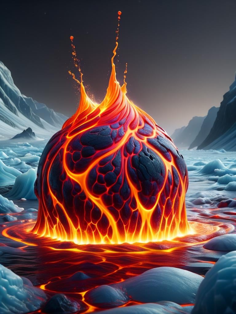 extreme closeup of a small blob of lava splashing onto the surface of a glacier at night, detailed sparks, detailed reflections on ice <lora:ral-lava:1> ral-lava