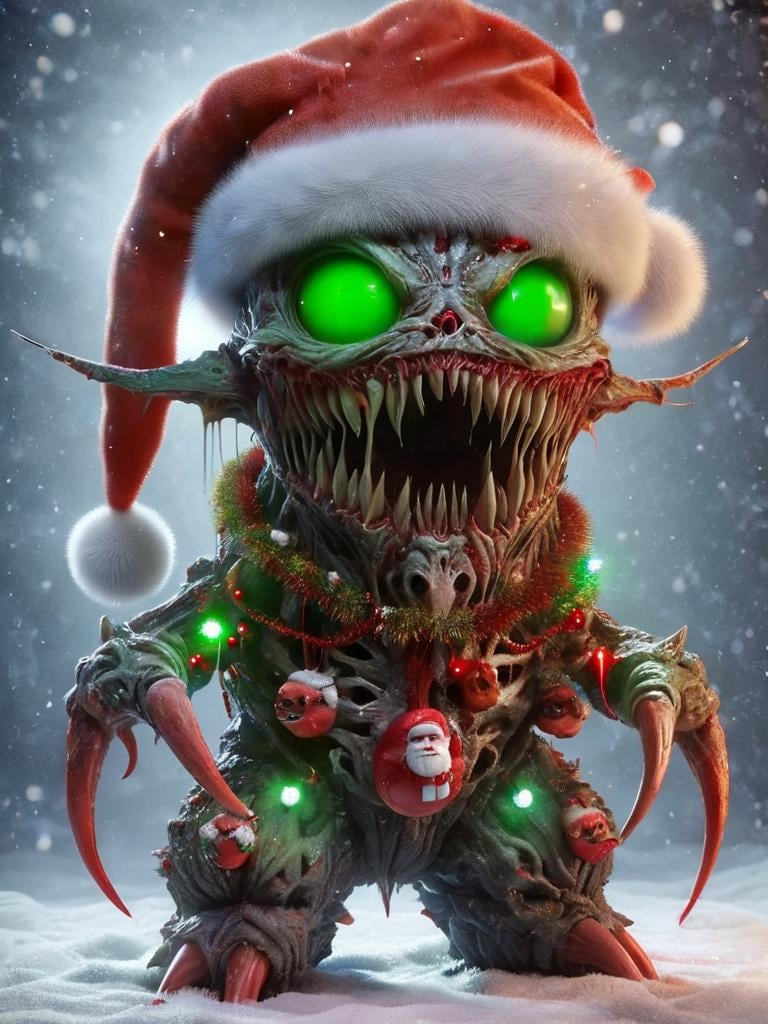 ral-chrcrts, a very creepy looking creature with a santa hat <lora:ral-chrcrts-sdxl:1>