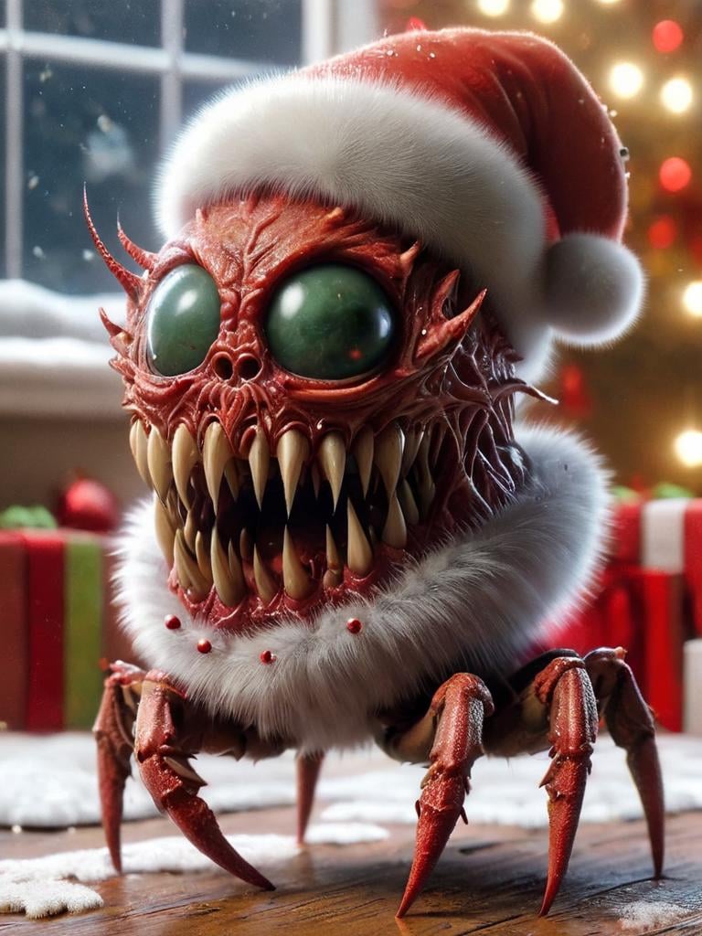 ral-chrcrts, a creepy looking spider wearing a santa hat <lora:ral-chrcrts-sdxl:1>