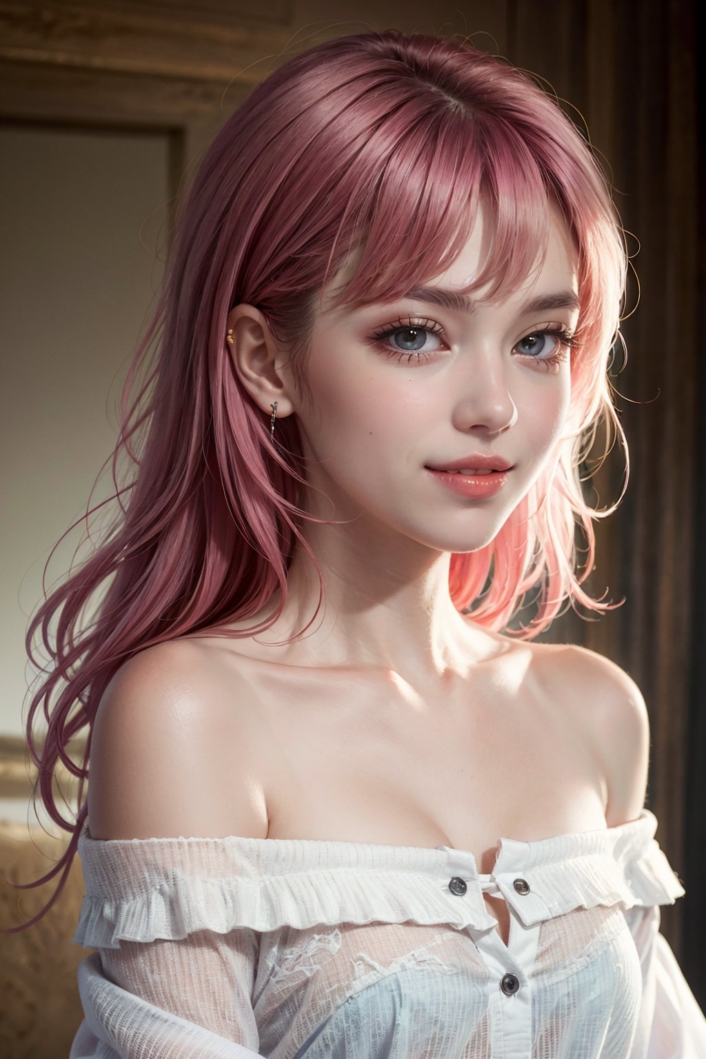 masterpiece, best quality, photorealistic, raw photo, 1girl, long hair, blouse, light smile, detailed skin, pore, off_shoulder, Realism, pink hair