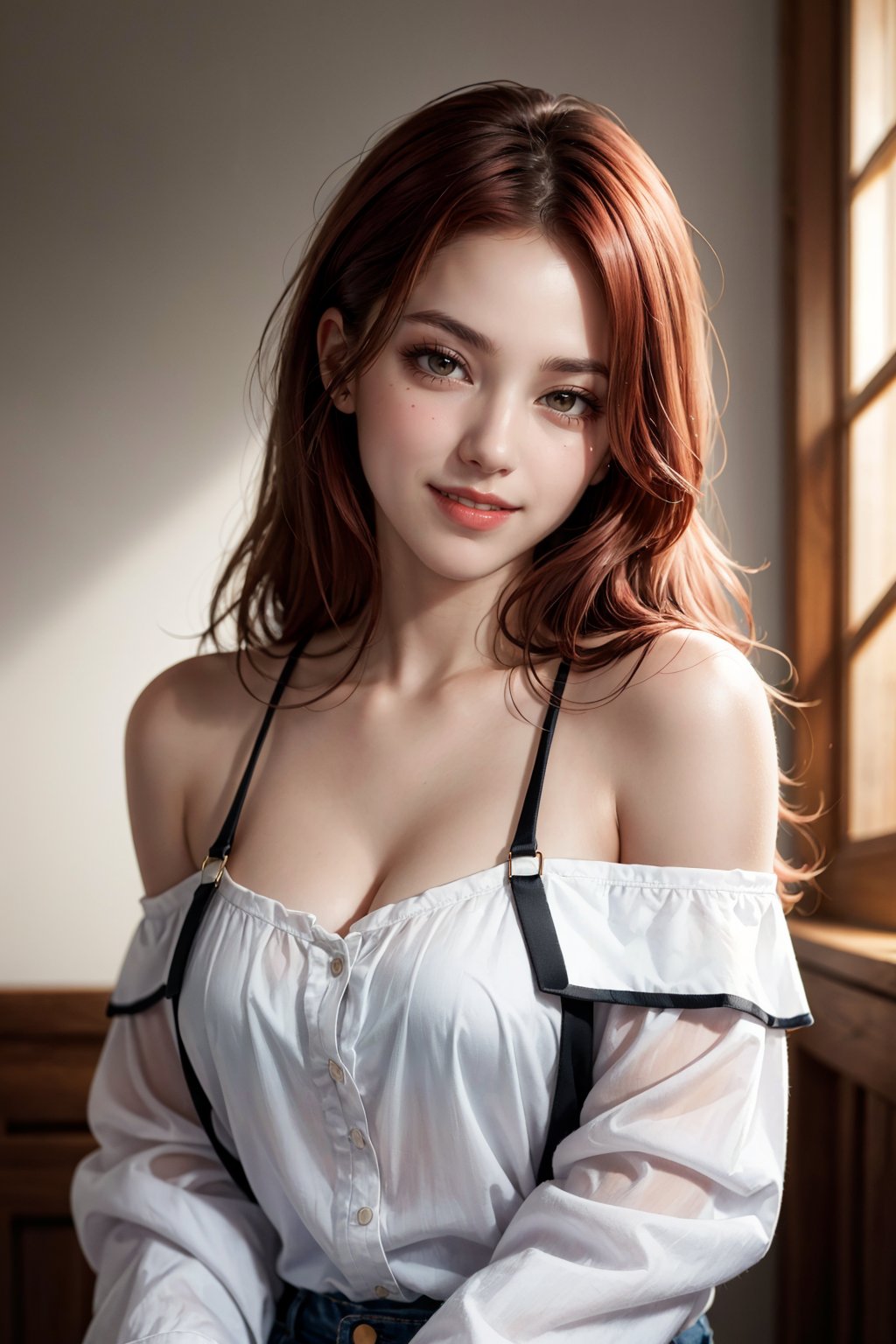 masterpiece, best quality, photorealistic, raw photo, 1girl, long hair, blouse, light smile, detailed skin, pore, off_shoulder, Realism, red hair
