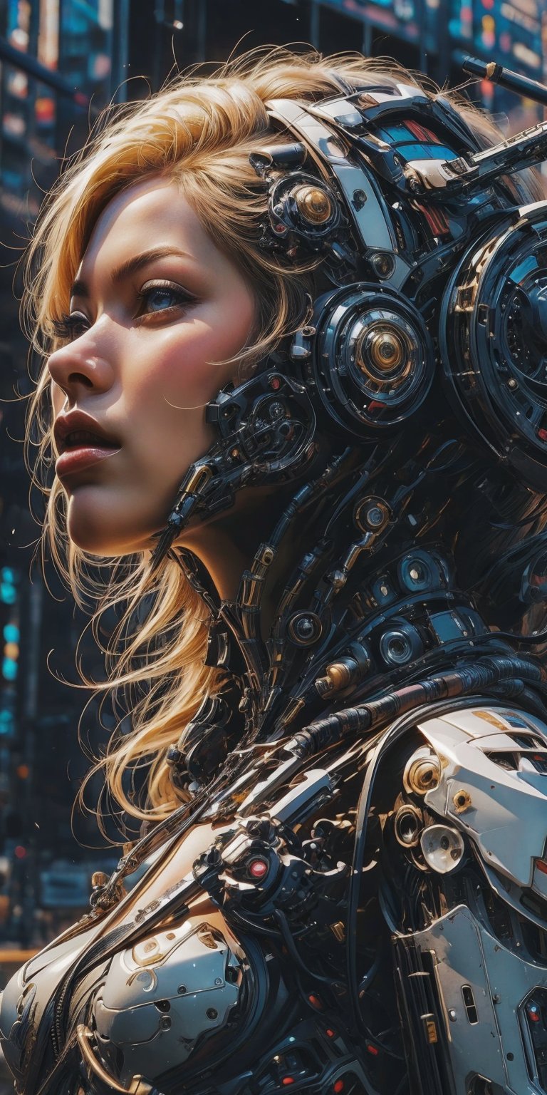 1 Girl, looking at viewer, fullbody,Mecha body, amazing, high_resolution, cinematic, beautiful, Masterpiece , futuristic, cyberpunk,(hyperrealistic), beautiful face, ((european features))