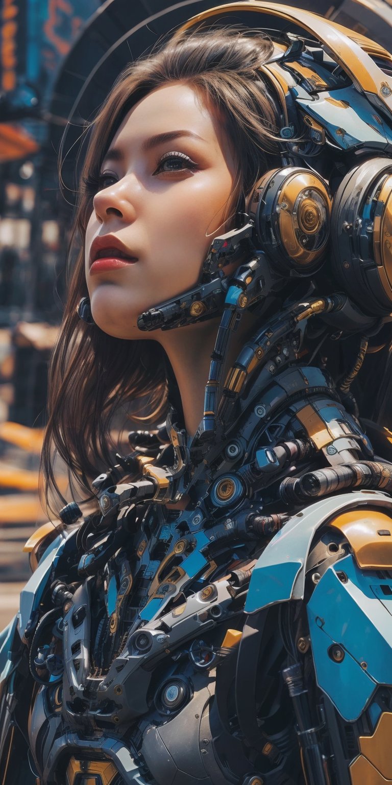 1 Girl, looking at viewer, fullbody,Mecha body, amazing, high_resolution, cinematic, beautiful, Masterpiece , futuristic, cyberpunk,(hyperrealistic), beautiful face, ((european features))