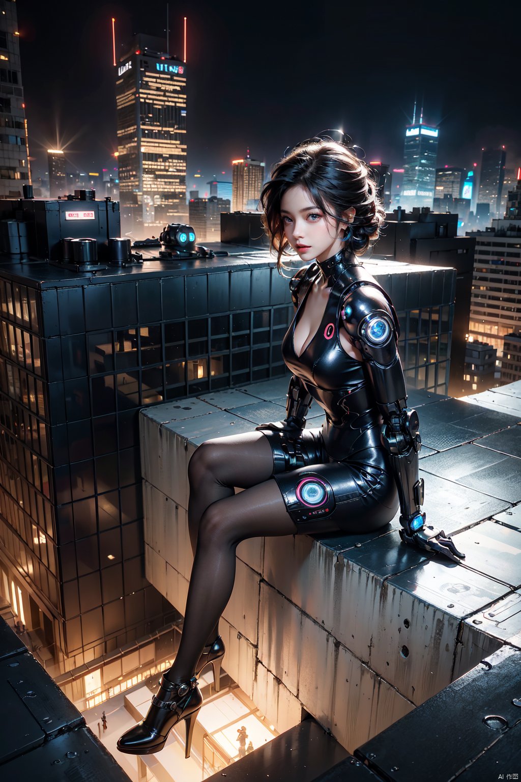 (extremely detailed CG unity 8k wallpaper),(ultra-detailed),masterpiece,best quality,,\\,,1 girl,robot cyborg realistic full body,black pantyhose,cyberpunk,sitting on roof,cityscape,night,building,skyscraper,multicolored hair,lift hair,from above,
, xiqing, hszt