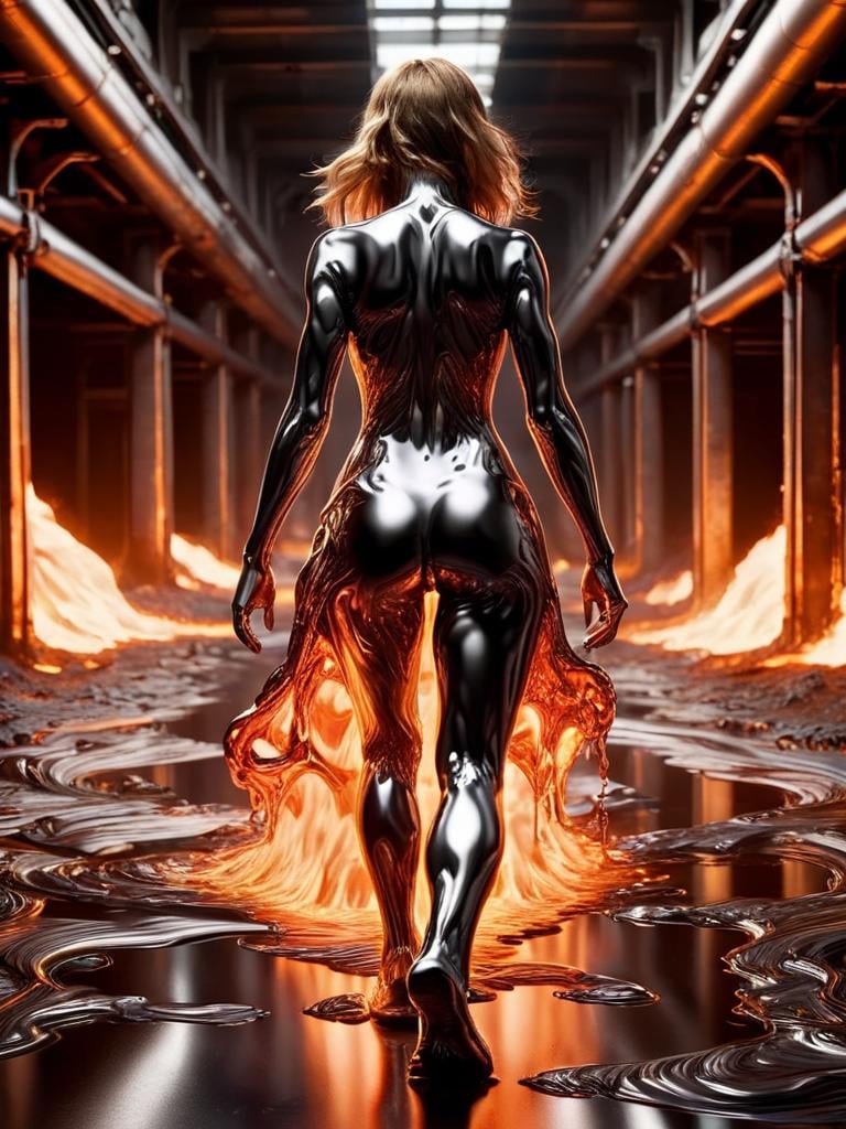 ral-chrome , female from behind running in molten lava, floor is lava, melting body, in dark run down factory <lora:ral-chrome-sdxl:1>