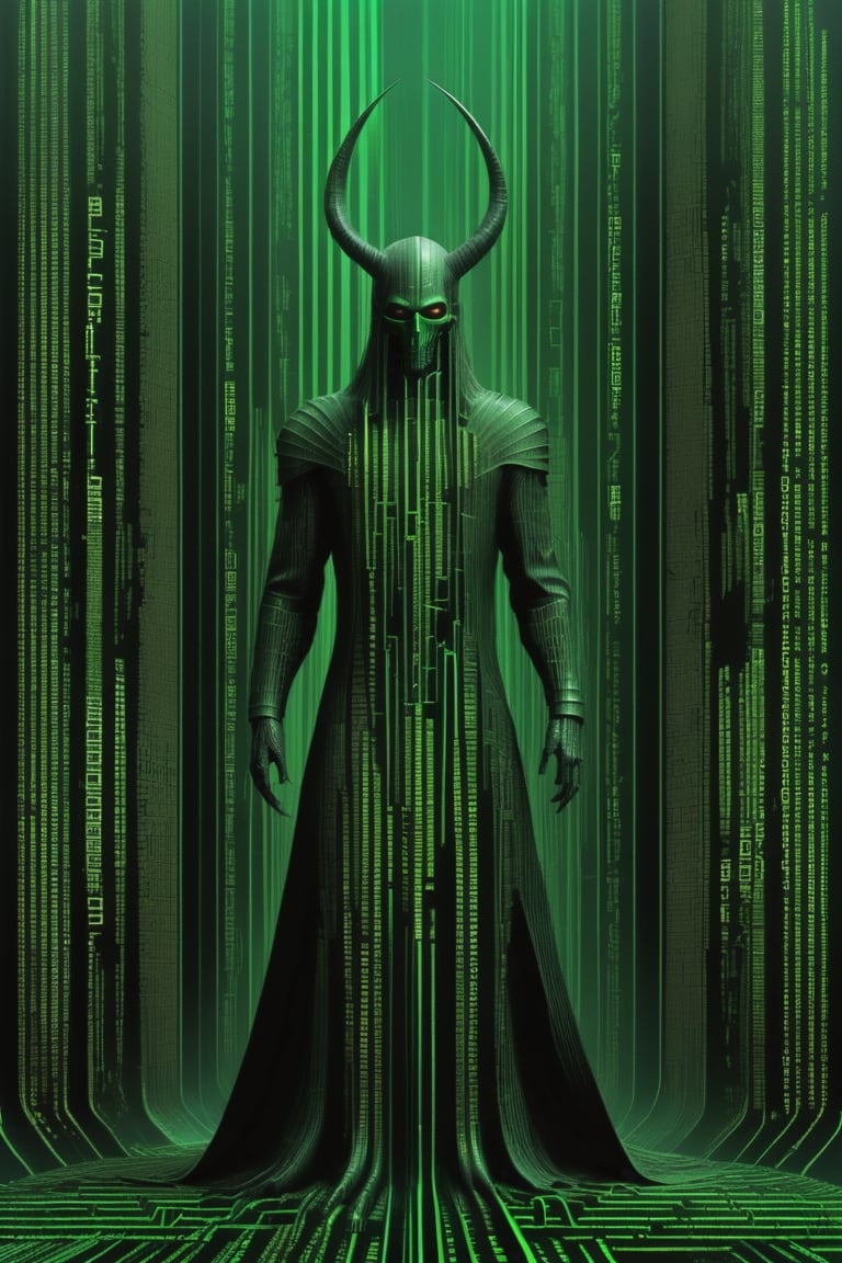 everything is made of vertical matrix code. Matrix code Dreadlord Arachnomancer: a Matrix code dreadlord arachnomancer, a sinister being that weaves dark spells using the silk of monstrous spiders. The design should capture the macabre and unsettling elements present in the dark fantasy stories of Robert E. Howard.