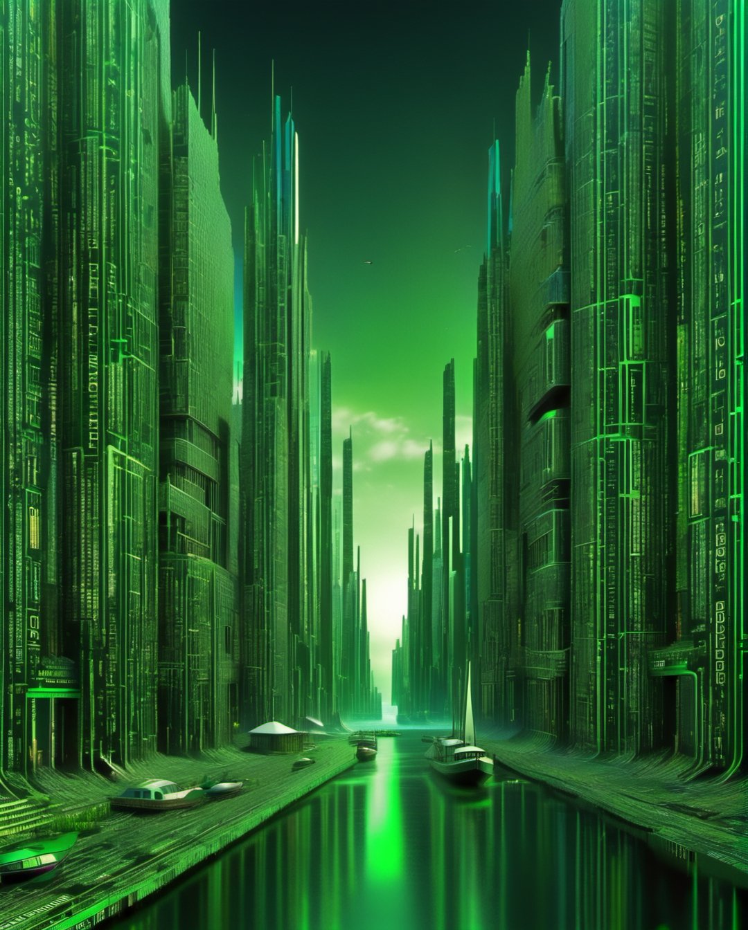 everything is made of vertical matrix code, green, a Old civilization in a digital matrix, a city made of matrix code in vibrant Green, near a beach vertical matrix code ,vertical matrix code fantasy, vertical matrix code big buildings, realistic, HDR, nice view , vertical matrix code boats kept on the coastal area, photograph_(building) , wallpaper, vertical matrix code blue sea water ,
