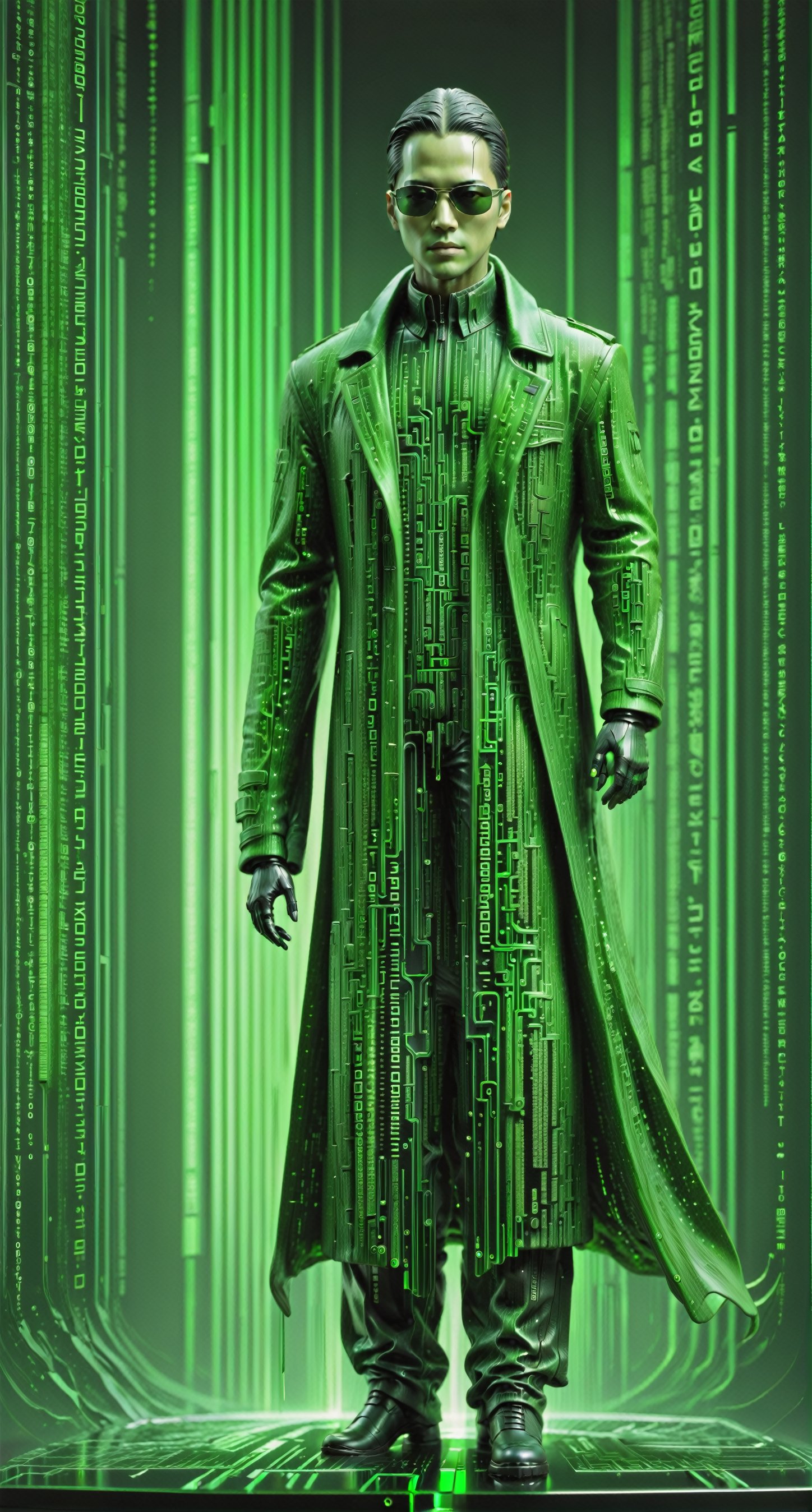 Behold a transparent glass sculpture of Neo from The Matrix, cyberpunk Sunglasses, clear glass trench coat filled with cascading green Matrix code, sculpture within cascading green digital matrix code, his ethereal form filled with cascading green Matrix code, embodying the harmony between nature and technology.

Clear Glass Skin,Obsidian Enigma Art Style

#DigitalSymphony
#CodeMystique
#BinaryDreams
#MatrixElegance
#NeonCipher
#VirtualRealityCanvas
#GlitchArtSaga
#DataAlchemy
#QuantumVisions
#CyberneticAura