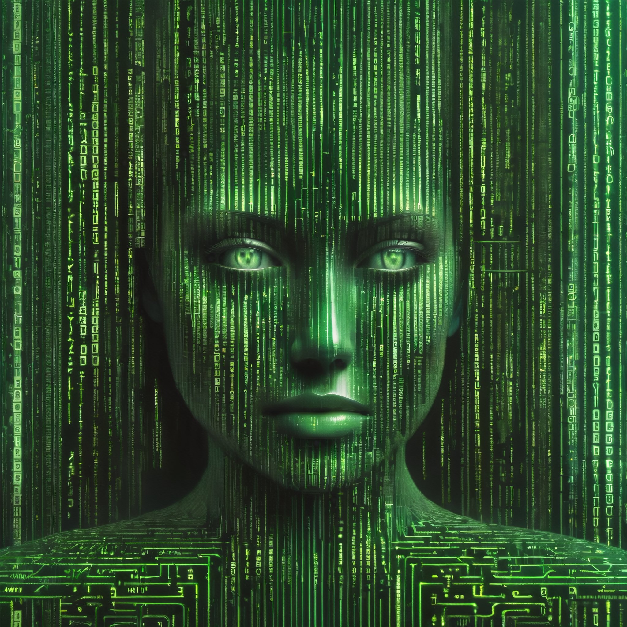 everything is made of vertical matrix code. A detailed close up of a Matrix code woman's face.