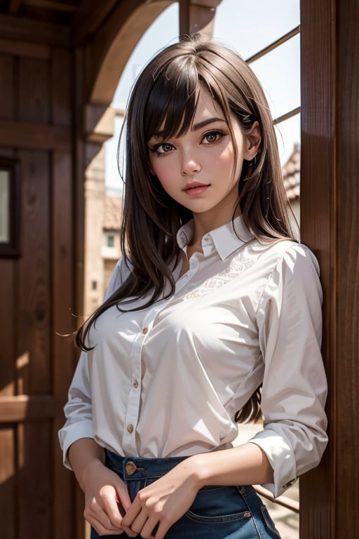 (masterpiece), best quality, high resolution, highly detailed, detailed background, perfect lighting, 1girl, bangs, ruby eyes, medium breasts, blouse, medieval village,
