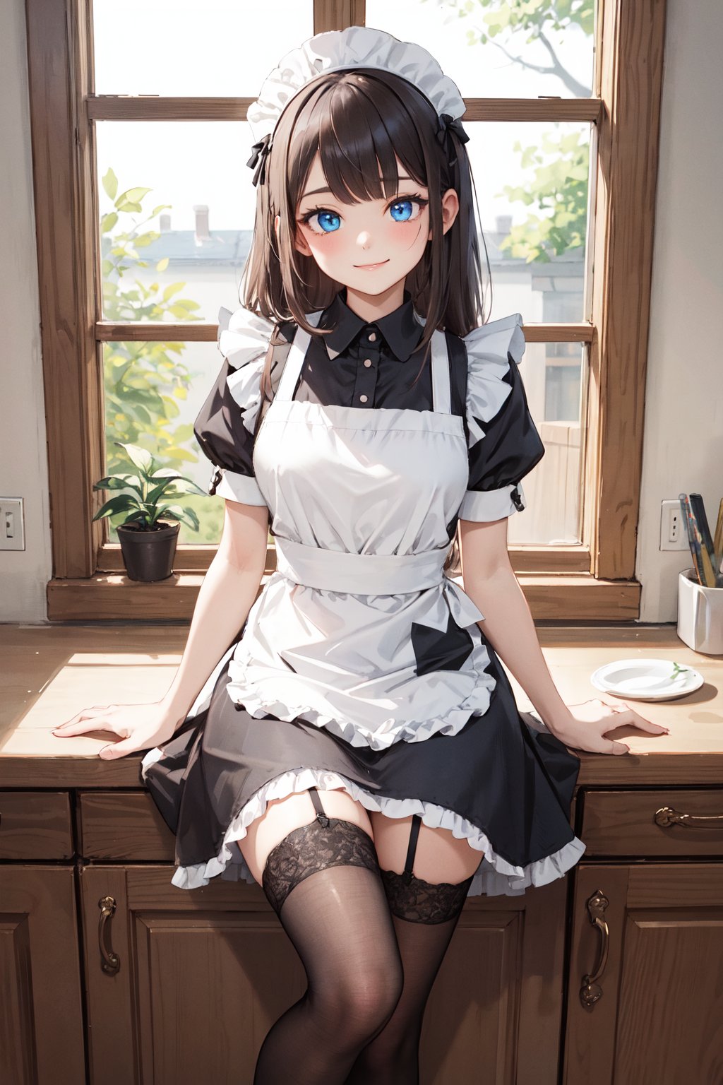 masterpiece, best quality, incredibly absurdress, highres, (high detail eyes:1.3), high detail background, 1girl, heterochromia, maid, rating:safe, maid_headdress, window, crossed_legs, enmaided, apron, thighhighs, red_eyes, blue_eyes, solo, long_hair, maid_apron, sitting, smile, garter_straps, looking_at_viewer, sunlight, black_legwear, alternate_costume, indoors, 1 girl