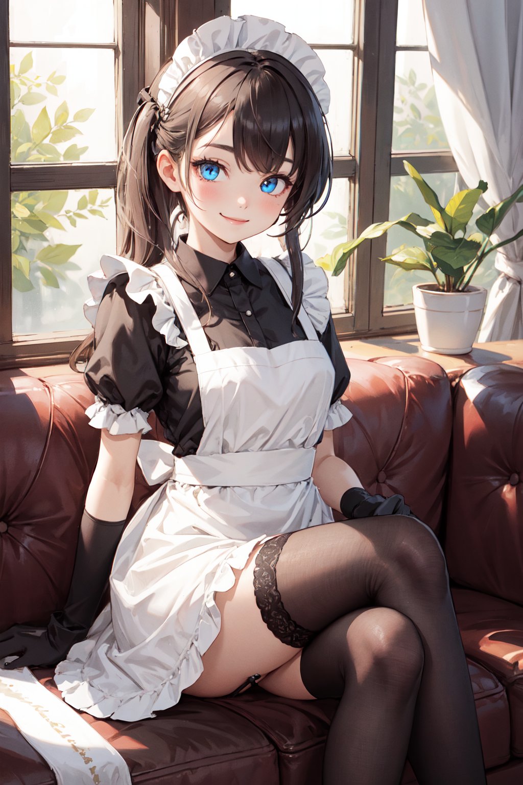 masterpiece, best quality, incredibly absurdress, highres, (high detail eyes:1.3), high detail background, 1girl, heterochromia, maid, rating:safe, maid_headdress, window, crossed_legs, enmaided, apron, thighhighs, red_eyes, blue_eyes, solo, long_hair, maid_apron, sitting, smile, garter_straps, looking_at_viewer, sunlight, black_legwear, alternate_costume, indoors, 1 girl