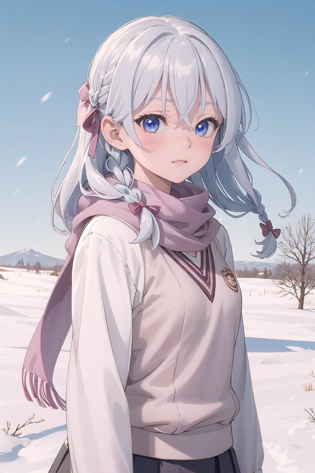 Masterpiece, best quality, highres, detailed background, detailed eyes, ph elaina, (long white sleeve:1.2) Eoutfit4, (wearing a scarf:1.2), upper body, elaina (majo no tabitabi), solo, long hair, bow,  blush, bangs, hair between eyes, blue eyes, hair bow, shiny hair, sidelocks, hair tubes, white hair, single braid, shiny, hair ribbon, anime color, tokiwadai school uniform, strong wind, wind, outdoor, snow, 
